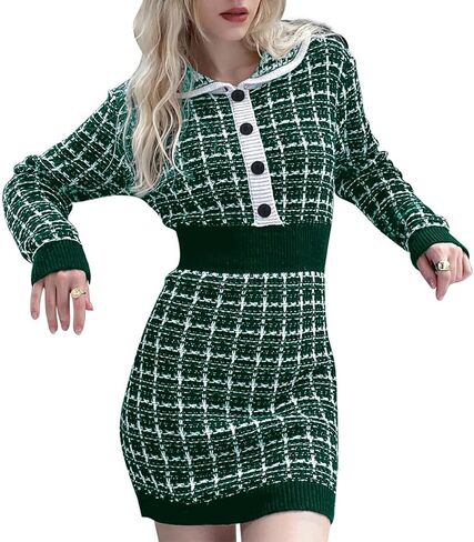 الوردي الملكة المرأة 2023 الخريف فساتين سترة زر طوق طاقم الرقبة طويلة الأكمام منقوشة متماسكة Bodycon فستان قصير قصير in Saudi Arabia