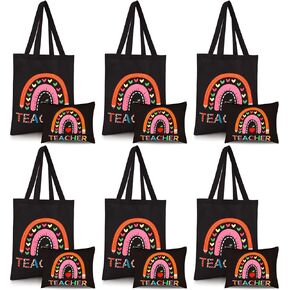 12 Pcs Teacher Graduation Appreciation Gifts 6 Teacher Canvas Totes Bag 6 Makeup Pouch Cosmetic Bags Teacher Gifts (Teaching is a Work of Heart)