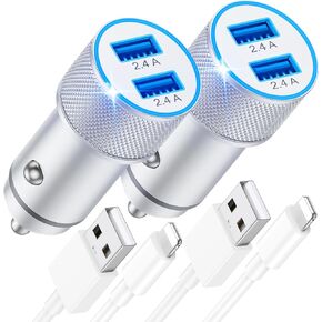 iPhone Fast Car Charger, 2-Pack 4.8A All Metal Dual USB Rapid Car Charger Cigarette Lighter Adapter with iPhone Charger Cord Cable for iPhone 14 13 12 11 Pro Max XS XR X SE 8 7 6S Plus, iPad