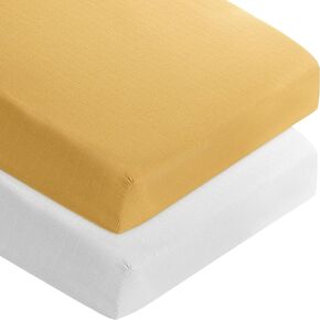 Muslin Crib Sheets for Girls and Boys, Fitted Baby Crib Sheets for Toddler Bed 28" x 52", Viscose Made from Bamboo Crib Mattress Sheet with Boho Style, Soft Breathable Baby Sheets 2 Pack, White&Yellow