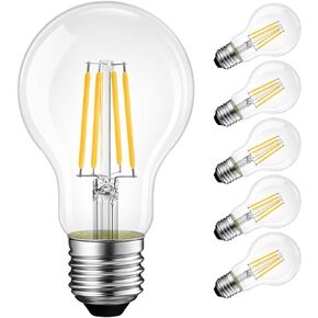 LVWIT A19 LED Vintage LED Filament Bulb E26 Base Dimmable 7W (60W Equivalent)，2700K Warm White 800 Lumens，Omnidirectional, UL-Listed, Pack of 6
