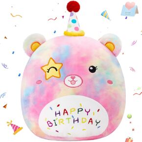 Athoinsu 16" Happy Birthday Bear Plush Pillow Cute Rainbow Stuffed Animal Soft Kawaii Birthday Plushie Star Wink Funny Pillows Home Room Decoration Gifts for Toddlers Kids Girls