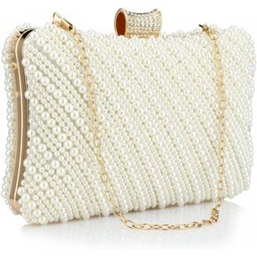 Tmore Women Pearl Clutch Purse Beaded Bride Evening Handbag for Wedding Prom with Chain
