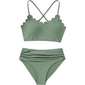 SweatyRocks Girl's 2 Piece Bathing Suit Criss Cross Scallop Trim Bikini Set Ruched Swimsuit