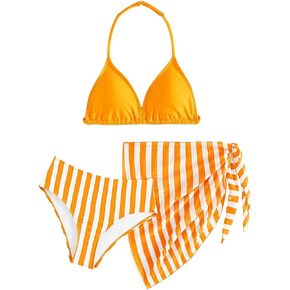 Girl's 3 Piece Striped Print Halter Bikini Set High Cut Triangle with Beach Cover Up Skirt Swimsuit Bathing Suit