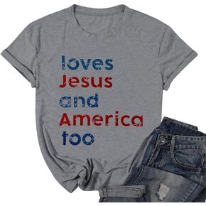 4th of July Tops for Women Loves Jesus and America Too Shirt Patriotic Shirts Red White and Blue Tshirts