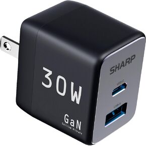 Sharp USB C Charger - 30W, Dual Port (USB A+C) Compact Foldable GaN Fast Charge for iPhone 15/15 Pro/15 Pro Max/14/13/12, Pad Pro/AirPods and More, Black