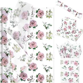 Bolsome 100 Sheets 20 * 14 Inches Pink Rose Floral Tissue Paper for Gift Bags Vintage Spring Flowers Patterned Tissue Paper for Gift Wrapping for Wedding Valentine's Day Anniversary DIY Craft