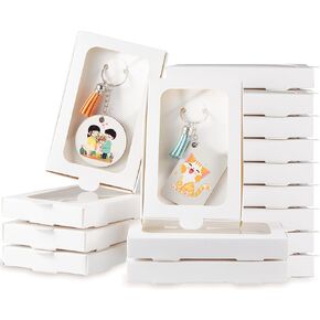 30 Pcs Sublimation Keychain Blanks Gift Box 5.4" x 3.4" x 0.7" MDF Sublimation Blanks Holder Acrylic Keychain Packaging Box with Window Display Card for Rectangle Round Keychain Gift Wrapping