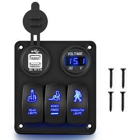GOOACC 3 Gang Rocker Switch Panel USB Charger LED Voltmeter Sasquatch Lights Wench Power Rear Lights Switch On Off Aluminum Waterproof Toggle Switch Panel for 12V Cars Trucks Boats,2 Years Warranty