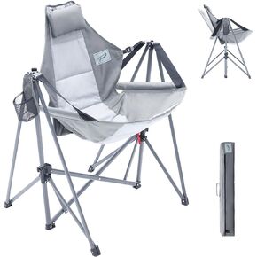 Portable Swing Hammock Chair | Foldable Recliner Rocking Lounger with Headrest & Drink Holder | Outdoor Sports, Beach, Lawn, Hunting, Tailgating, Fishing | Supports 300Lbs Grey