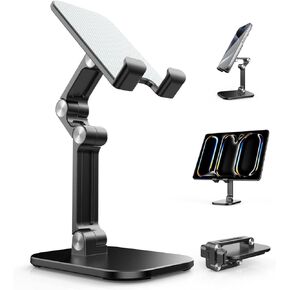Adjustable Phone Stand for Desk - Foldable, Portable, and Durable Cell Phone Holder with Strong Stability - Silicone Surface for Enhanced Protection - Ideal Phone Holder - Black