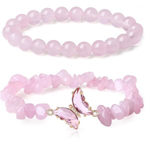 DUQGUHO 2Pcs Butterfly Bracelets for Women Healing Crystals Bracelets for Women Natural Gemstone Stretchable Chip Jewelry 8mm Crystal Beaded Bracelet Gift for Birthday