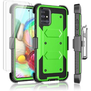 Njjex Rugged Case For Samsung Galaxy A71 5G, For Galaxy A71 Case + Tempered Glass Screen Protector [2 Pack], [Nbeck] Shockproof Heavy Duty Locking Swivel Holster Belt Clip Kickstand Hard Cover [Black]