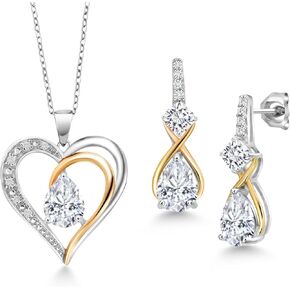 Gem Stone King 925 Sterling Silver and 10K Yellow Gold White Moissanite and White Lab Grown Diamond Pendant Necklace Earrings Set For Women (4.16 Cttw, with 18 Inch Chain)