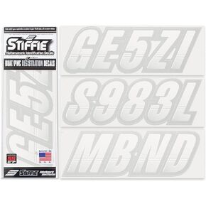 STIFFIE Techtron White/Silver Super Sticky 3" Alpha Numeric Registration Identification Numbers Stickers Decals for Sea-Doo Spark, Inflatable Boats, Ribs, Hypalon/PVC, PWC and Boats.