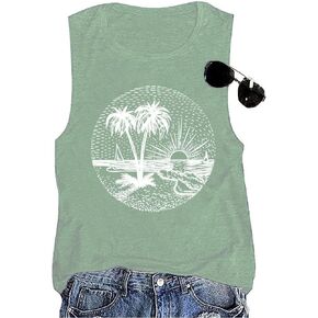 Summer Beach Tank Tops for Women Funny Cute Sunshine Coconut Tree Graphic Tee Shirt Hawaiian Family Vacation Tops