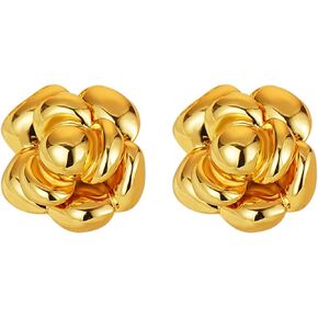 Gold Flower Earrings for Women Girls Shiny Trend 3D Lifelike Pearl White Camellia Floral Hypoallergenic Statement Stud Earrings Fashion Jewelry Gifts