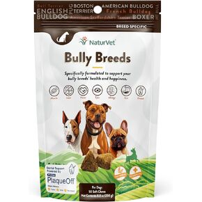 NaturVet Bulldog Breed Supplement- for Joint Support, Digestion, Skin, Coat Care- Dog Multivitamins with Minerals, Omega-3, PlaqueOff- Wheat-Free Vitamins for Dogs- Bully Breeds- 50 Soft Chews