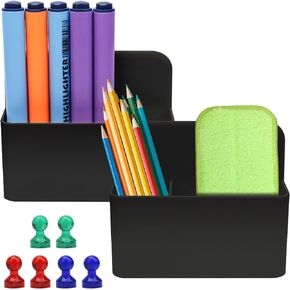 2 Pack Magnetic Dry Erase Marker Holder, Magnetic Pen Holder with 6 Pcs Magnetic Push Pins for School, Office, Home, Whiteboard, Fridge (Blue)