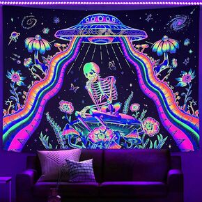 Lifeel Blacklight Skeleton The Thinker Tapestry,Hippie UV Reactice Floral Mushroom Plant Tapestries, UFO Skull Alien Tapestry for Bedroom Home Decor Multi 60×80 inch