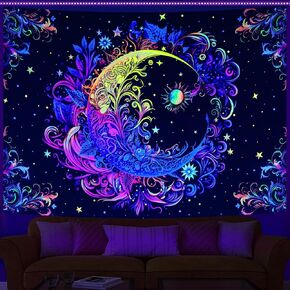 Uspring Blacklight Sun and Moon Tapestry Trippy Boho Tapestries Mandala Floral Plant Tapestry UV Hippie Tapestry Psychedelic Aesthetic Tapestry Wall Hanging for Bedroom(36.0 x 48.0 inches)