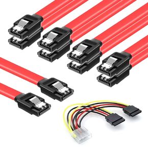 SATA Cables III, SSD Data Cable 6.0 Gbps & SATA Power Splitter Cable 4 Pin to Dual 15 Pin Hard Drive Connection Cables Compatible with SATA Connectors 6 Pack (Yellow)