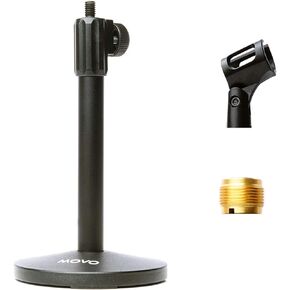 Movo TMC-3 Small Adjustable Table Mic Stand with Round Base and Universal Mic Clip. Table Top Mic Stand Height is Adjustable with Weighted Base Sits on Desk Ideal for Podcast, Livestream, & Interviews