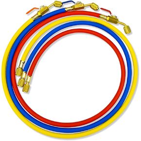 1/4" HVAC Hoses with Ball Valves End, 800 PSI 48" Refrigerant Charging Hoses, 3 Pcs Color Coded Hoses Low Loss Fittings Fit for R12 R22 R404 R410A R134A R502 Air Condition Refrigeration Charging