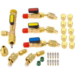R410A R22 Valve Core Remover Installer Tool kit with Dual Size 1/4" & 5/16" Port, R410A R134A HVAC Angled Shut-Off Ball Valve Adapter 1/4" SAE for A/C R12 R22 R502 Charging Hose AC Refrigerant Tool