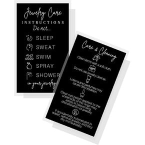 Jewelry Cleaning and Care Cards | 50 Pk | Business Card Stock 2 x 3.5" inches | Simple Black Card Design