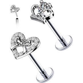 Crown Threadless 316L Surgical Steel Top Push In Lip Ring Labret, Flat Back Heart Nose Studs，Helix Tragus Conch Cartilage Earring Studs for Womens