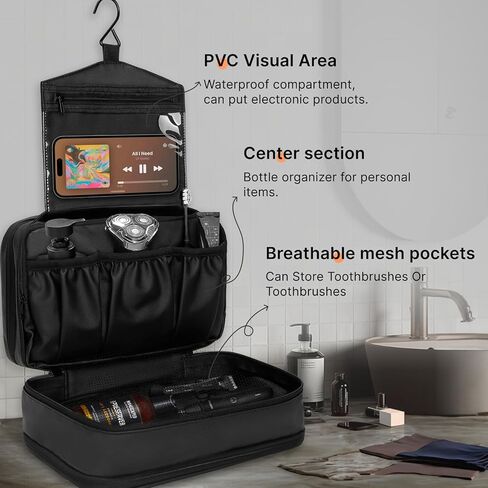 حقيبة أدوات الزينة للرجال - حقيبة سفر معلقة للفصل الرطب والجاف مع حجرة مرئية من البولي فينيل كلوريد مادة مقاومة للماء بسحاب مزدوج ومقصورات إضافية لتنظيم أنيق. in Kuwait