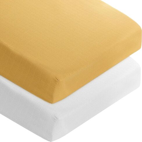 Muslin Crib Sheets for Girls and Boys, Fitted Baby Crib Sheets for Toddler Bed 28" x 52", Viscose Made from Bamboo Crib Mattress Sheet with Boho Style, Soft Breathable Baby Sheets 2 Pack, White&Yellow in Saudi Arabia