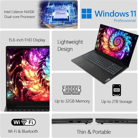 كمبيوتر محمول Lenovo الأحدث V15 Business، شاشة 15.6 بوصة FHD، معالج Intel ثنائي النواة، ذاكرة الوصول العشوائي DDR4 سعة 4 جيجابايت، 128 جيجابايت PCIe SSD، لوحة مفاتيح رقمية، واي فاي، بلوتوث 5.1، USB من النوع C، Windows 11 Pro، أسود، Tichang in Kuwait
