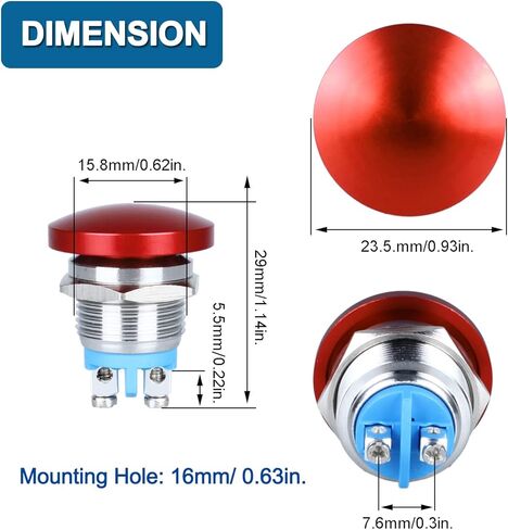 2Pcs Momentary Mushroom Head Push Button Switch Waterproof IP65 Metal Push Button 0.87" Mounting Hole SPST DC12V 24V 36V AC110V 250V 3A (22mm Green) in Kuwait