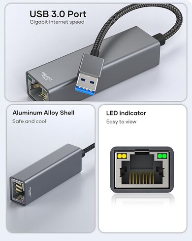USB to Ethernet Adapter, USB 3.0 to 10/100/1000 Gigabit Wired LAN Network Adapter, RJ45 Internet Adapter Compatible with MacBook, Surface, Laptop PC with Windows 11/10/8.1/8/XP, macOS, Linux in Saudi Arabia