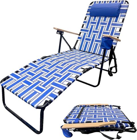 كرسي استرخاء من الفولاذ المقاوم للصدأ قابل للطي في الهواء الطلق للفناء والتخييم في الفناء الخلفي ومقابض خشبية لحمام السباحة، عبوة واحدة باللون الأزرق in Kuwait
