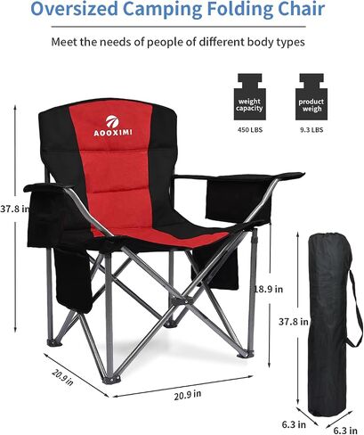 Oversized Folding Camping Chairs, Outdoor Chair Heavy Duty Support 450 LBS with Padded Cushion Seat and Back, with Cup Holder and Cooler Bag, Portable Lawn Chair for Beach Picnic Sports in Saudi Arabia