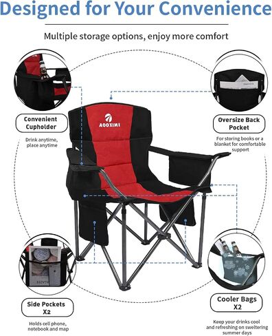 Oversized Folding Camping Chairs, Outdoor Chair Heavy Duty Support 450 LBS with Padded Cushion Seat and Back, with Cup Holder and Cooler Bag, Portable Lawn Chair for Beach Picnic Sports in Saudi Arabia