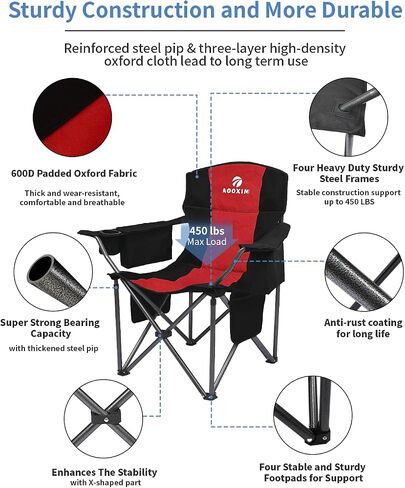 Oversized Folding Camping Chairs, Outdoor Chair Heavy Duty Support 450 LBS with Padded Cushion Seat and Back, with Cup Holder and Cooler Bag, Portable Lawn Chair for Beach Picnic Sports in Saudi Arabia