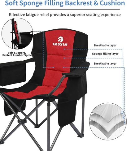 Oversized Folding Camping Chairs, Outdoor Chair Heavy Duty Support 450 LBS with Padded Cushion Seat and Back, with Cup Holder and Cooler Bag, Portable Lawn Chair for Beach Picnic Sports in Saudi Arabia