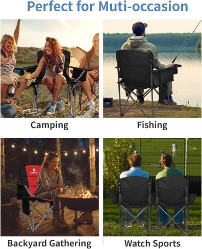 Oversized Folding Camping Chairs, Outdoor Chair Heavy Duty Support 450 LBS with Padded Cushion Seat and Back, with Cup Holder and Cooler Bag, Portable Lawn Chair for Beach Picnic Sports in Saudi Arabia