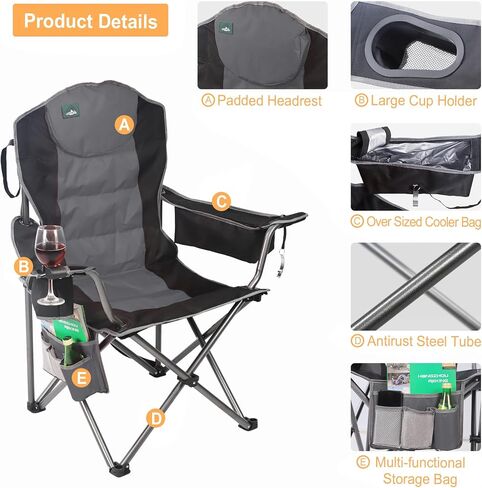 Northroad Oversized Camping Chair, Full Padded Outdoor Folding Chair Support 350 LBS, Heavy Duty Lawn Chair w/Cup Holder, Cooler Bag, Shoulder Straps for Adult-Black in Kuwait