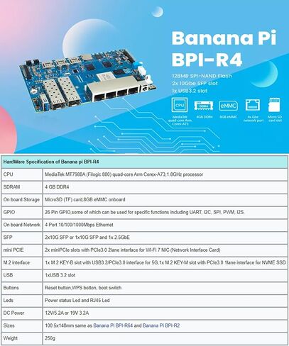 Banana Pi BPI-R4 WiFi 7 Wireless Dual-Band WiFi Router Board OpenWRT, with MediaTek MT7988A (Filogic 880) SoC, Support 2X 10GbE SFP and 4X GbE Gigabit Ethernet for NAS Smart Home Gateway (Bundle2) in Saudi Arabia