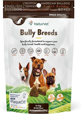 NaturVet Bulldog Breed Supplement- for Joint Support, Digestion, Skin, Coat Care- Dog Multivitamins with Minerals, Omega-3, PlaqueOff- Wheat-Free Vitamins for Dogs- Bully Breeds- 50 Soft Chews in Kuwait