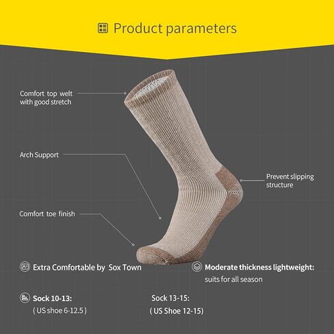SOX TOWN Men's Merino Wool Cushion Crew Socks Moisture Wicking Control for Outdoor Hiking Work Boot Thermal Warm All Seasons in Kuwait