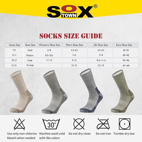 SOX TOWN Men's Merino Wool Cushion Crew Socks Moisture Wicking Control for Outdoor Hiking Work Boot Thermal Warm All Seasons in Kuwait
