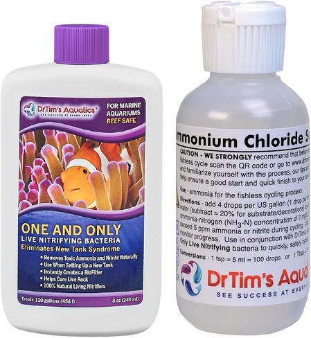 Dr Tim's Ammonium Chloride Solution and Dr Tim One & Only Live Nitrifying Bacteria Fishless Cycle Safe Cycle Aquarium Saltwater Freshwater Reef Seahorse (4oz Ammonium 8oz One Only (Reef 120 Gallon)) in Saudi Arabia