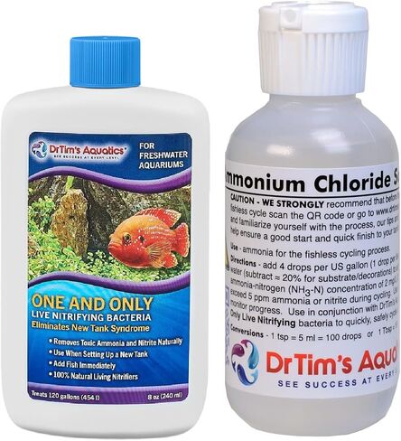 Dr Tim's Ammonium Chloride Solution and Dr Tim One & Only Live Nitrifying Bacteria Fishless Cycle Safe Cycle Aquarium Saltwater Freshwater Reef Seahorse (4oz Ammonium 8oz One Only (Reef 120 Gallon)) in Saudi Arabia